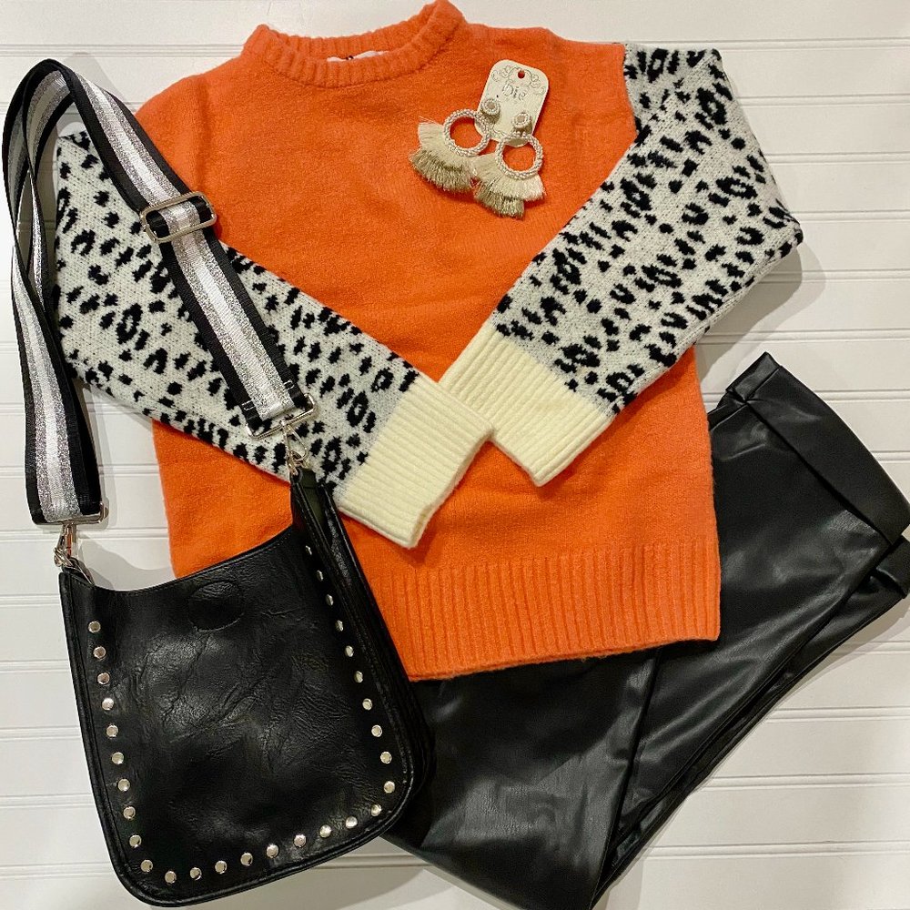 THML Orange Sweater with Leopard Print Sleeves, L